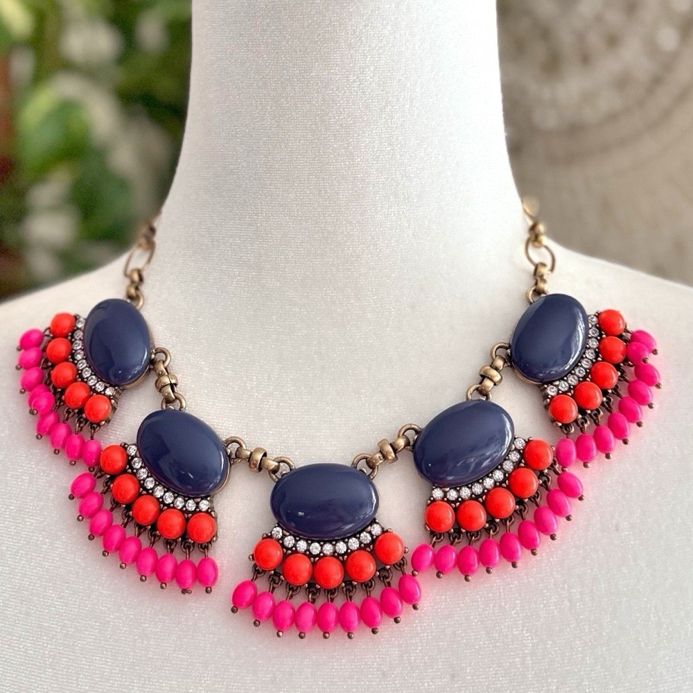 J.Crew Fan Fringe Statement Necklace Navy Blue Coral Pink Beaded Bib Chunky