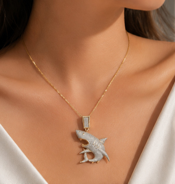 8Ct Round Cut Moissanite Shark Pendant 14K Yellow Gold Plated Hip Hop For Men