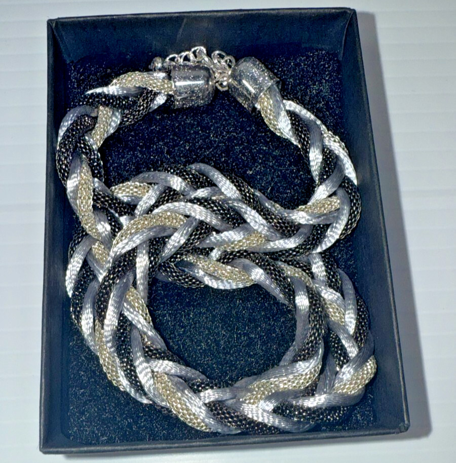 Braided Mesh Rope Necklaces Black & Silver Metal Clamp Round Satin Silk Material