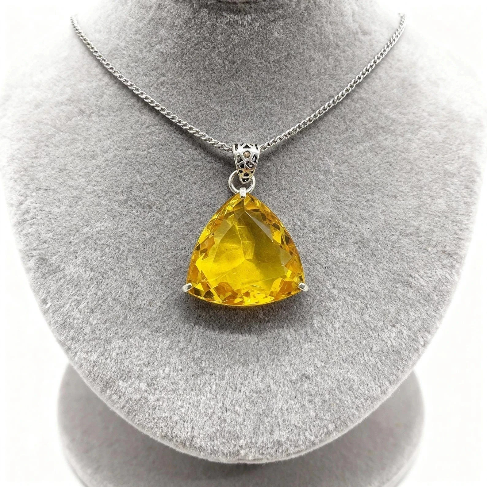 Citrine Yellow Pendant 70.35 Ct Trillion Cut Sterling Sliver Jewelry With Chain
