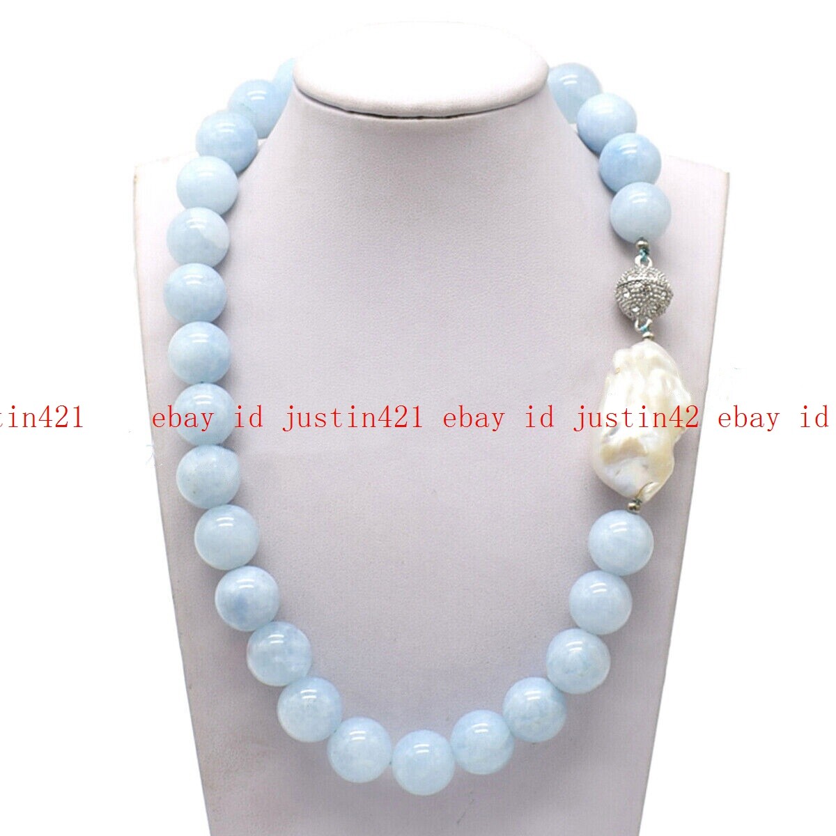 Natural Blue Aquamarine Round Gemstone White Keshi Baroque Pearl Necklace 6-14mm