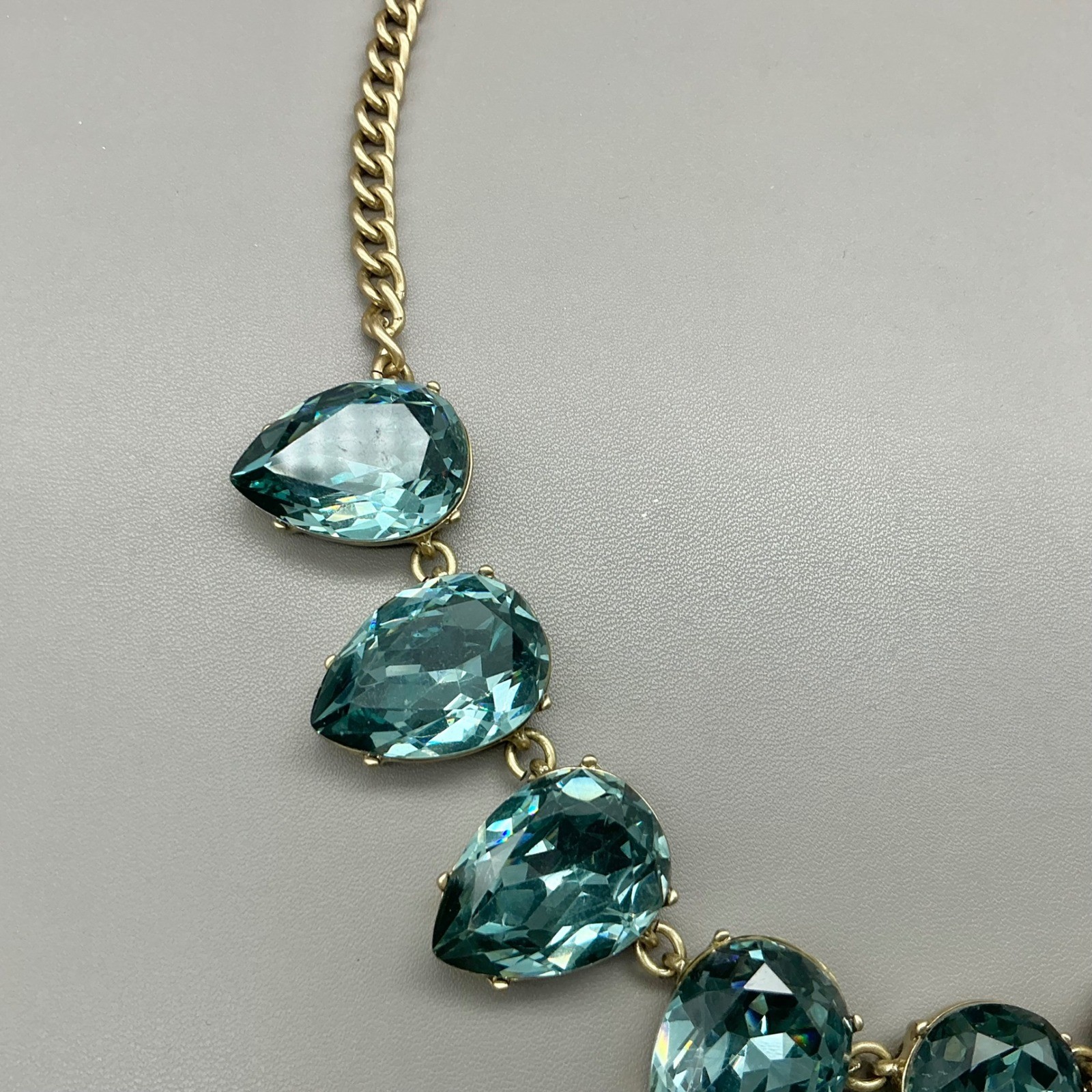 J.Crew Necklace Blue Crystal Statement Bib Gold Tone Teardrop Adjustable 16-18″