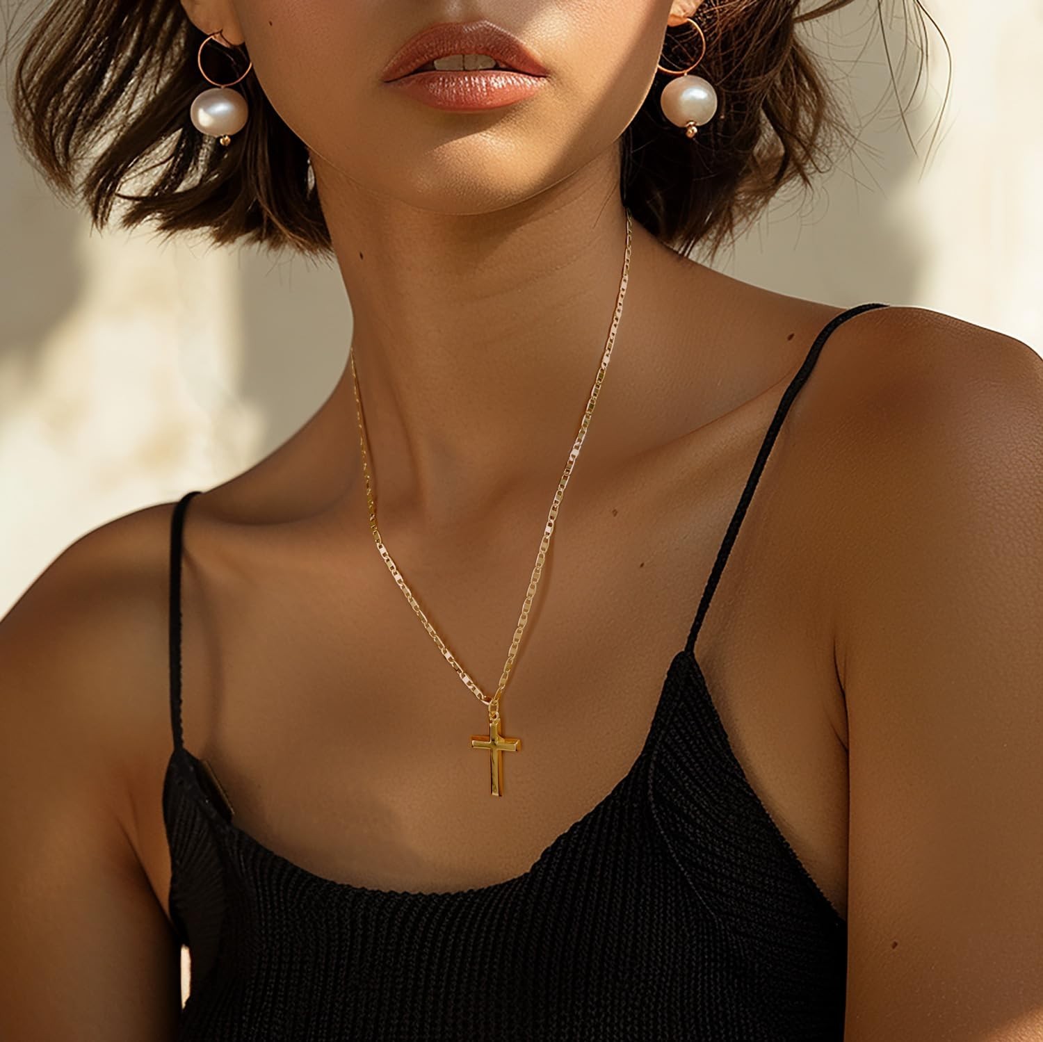 14K Gold Cross Necklace for Women, Figaro Chain Pendant, 19″ Mariner Style, Masc