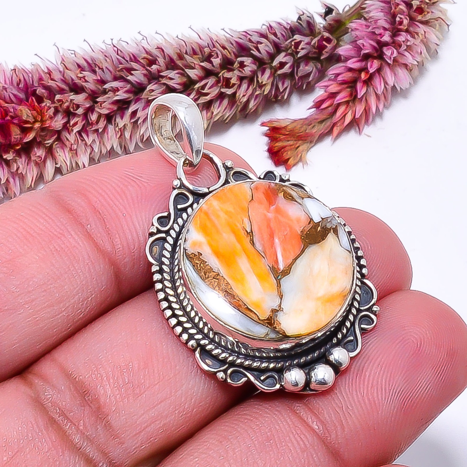 Copper Spiny Oyster Designer Handmade 925 Sterling Silver Pendant 1.44″ P6114033