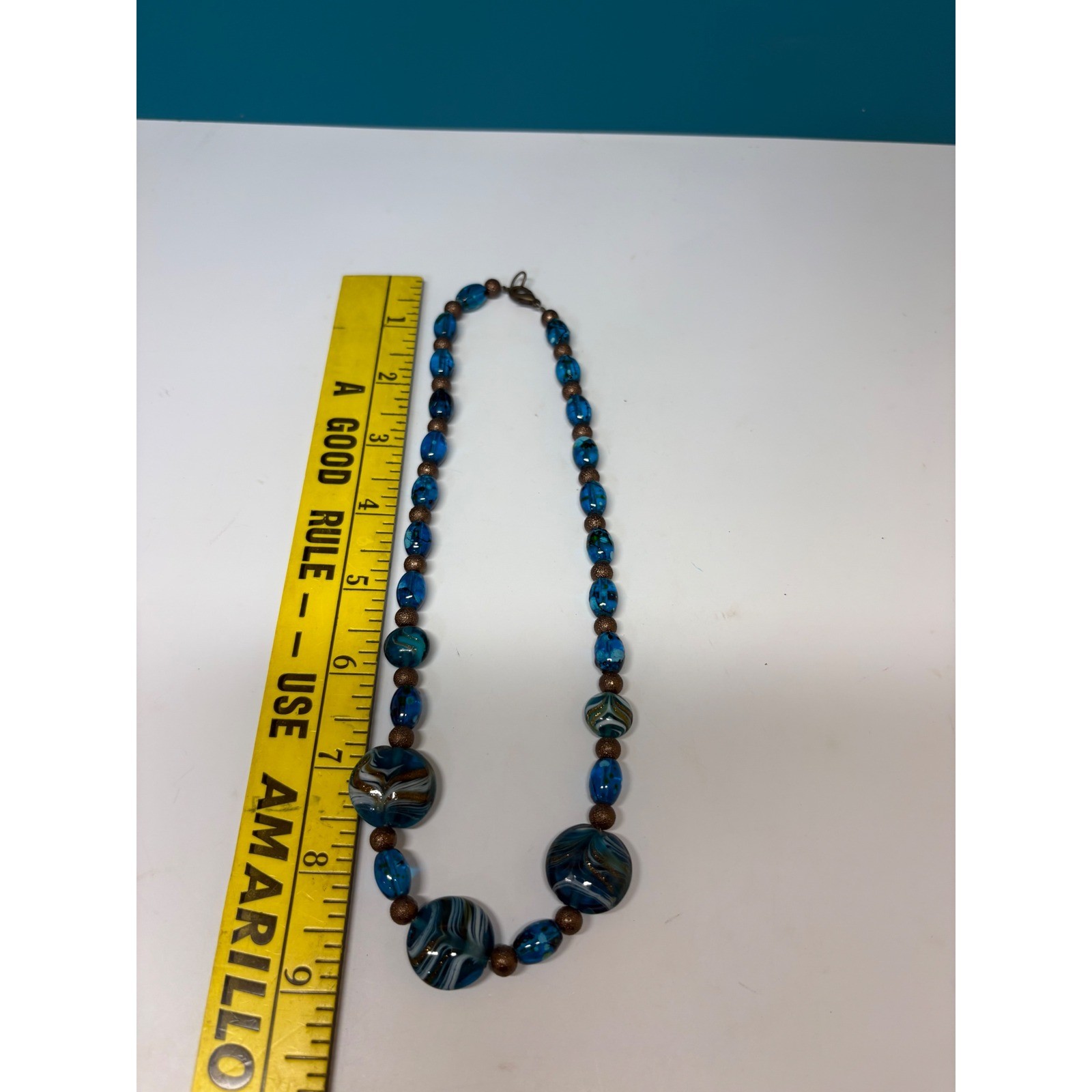 Blue Swirl Art Glass Bead Statement Necklace Bronze Tone Lobster Clasp Boho
