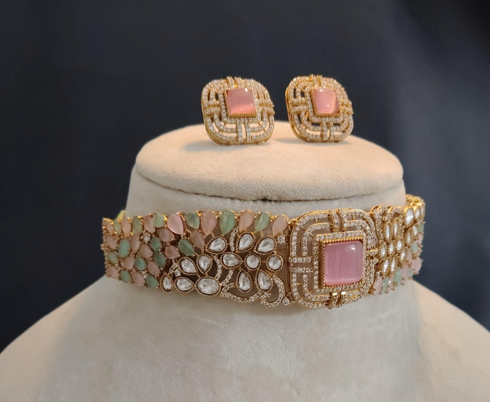 Khadija Indian Wedding Blush Pink and Mint Green Choker Set Roz Jewellers.