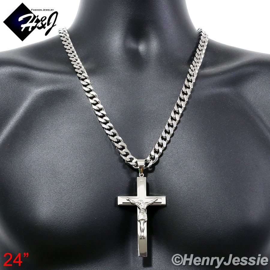 24″MEN Stainless Steel 9mm Silver Cuban Curb Chain Necklace Cross Pendant*BJ1