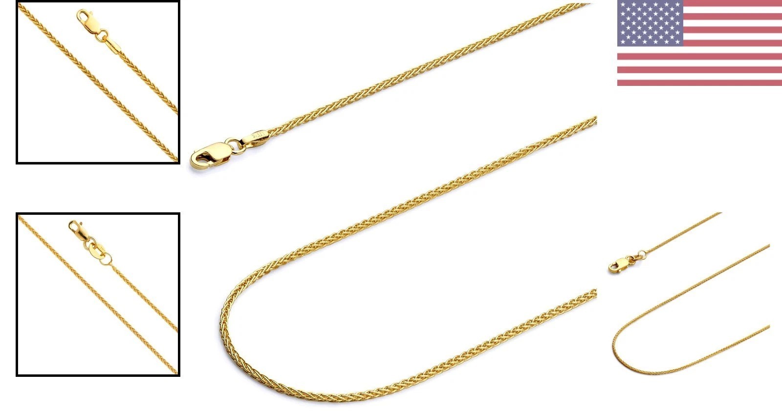 Luxurious 14k Gold Wheat Chain Necklace, 16 Inches – Multiple Widths Available