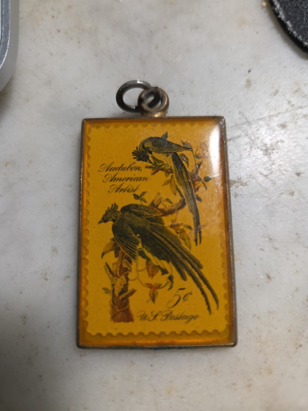 1 Vintage Audubon American Artist Postal Stamp Solid Brass Necklace Antaya