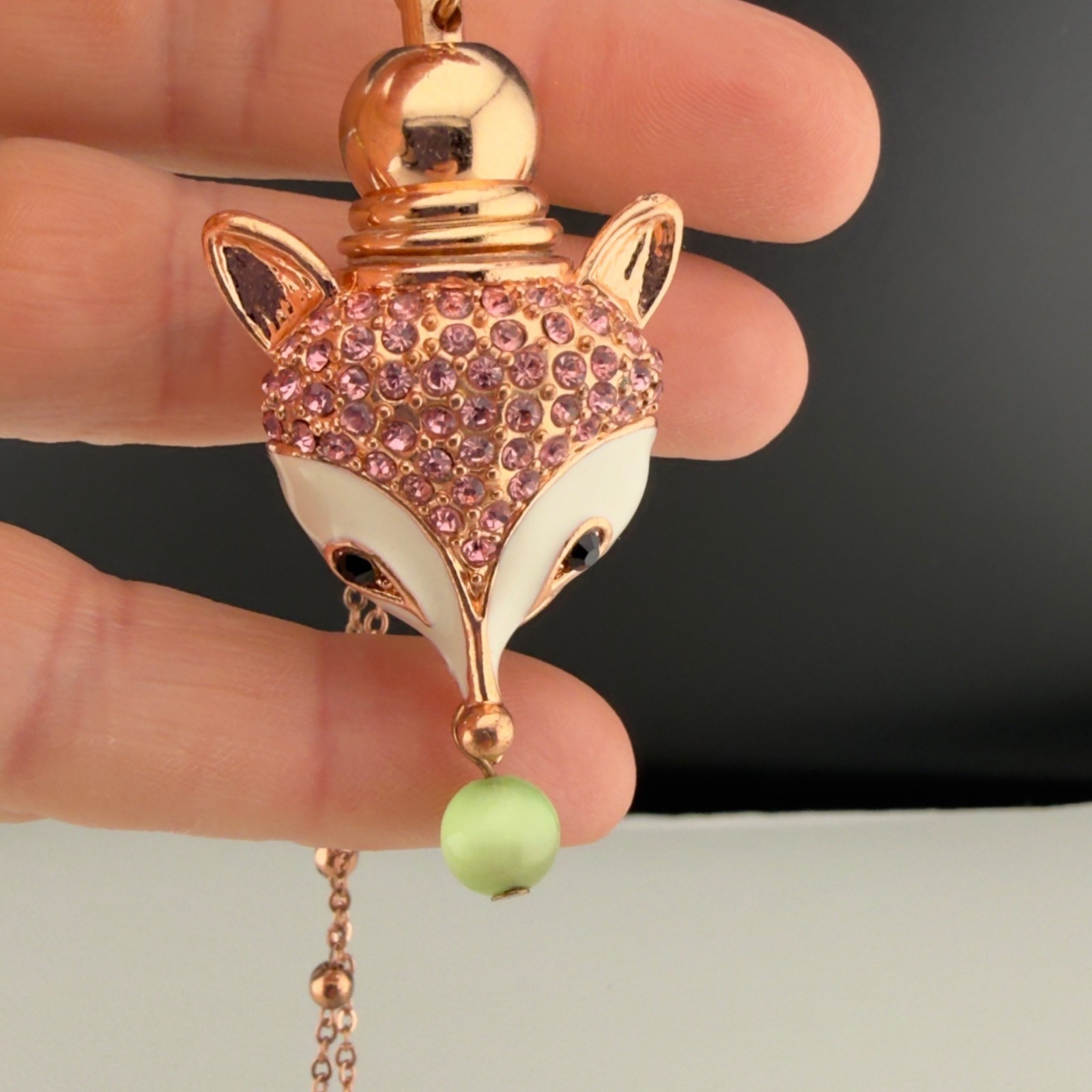 Fox Pendant Perfume Bottle Necklace Rose Gold Pink Crystals
