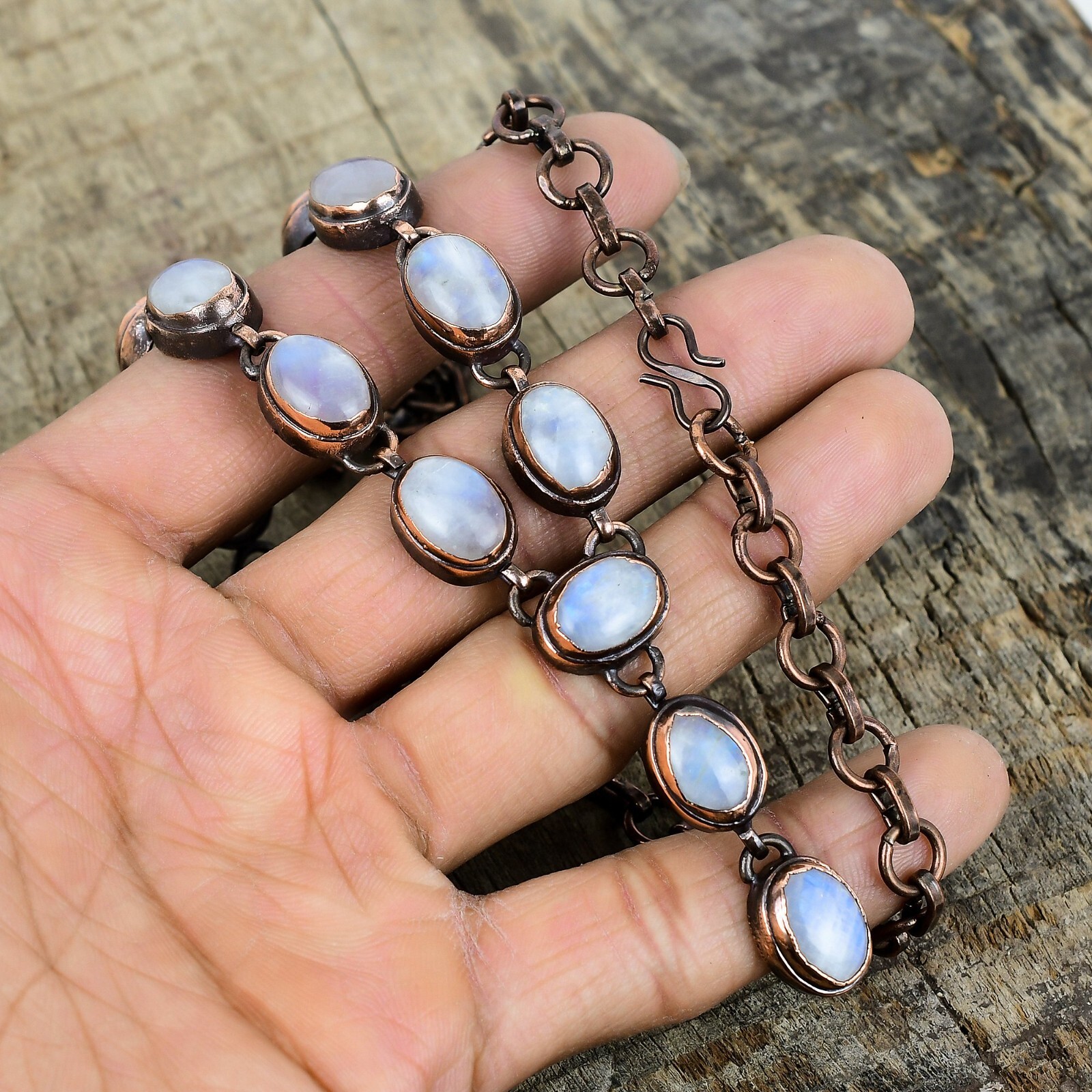Valentines Sale Natural Rainbow Moonstone Copper Chain Electroformed Necklace