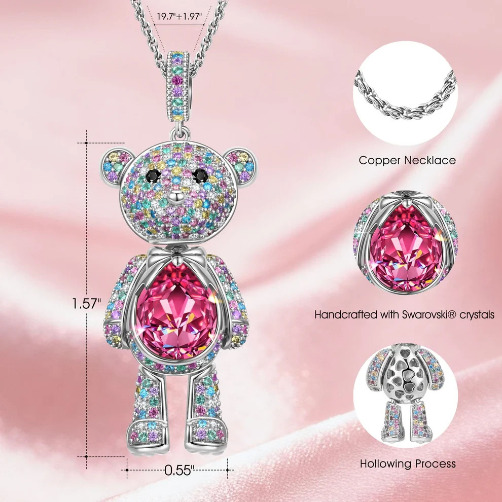 Forever Teddy Bear Pendant Rope Chain Necklace In White Gold Plated -Created Wit