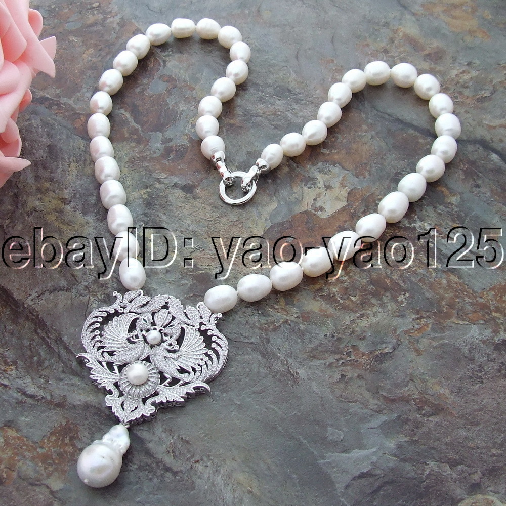 24” 14x26MM Freshwater Cultured White Rice Pearl Necklace CZ Pendant