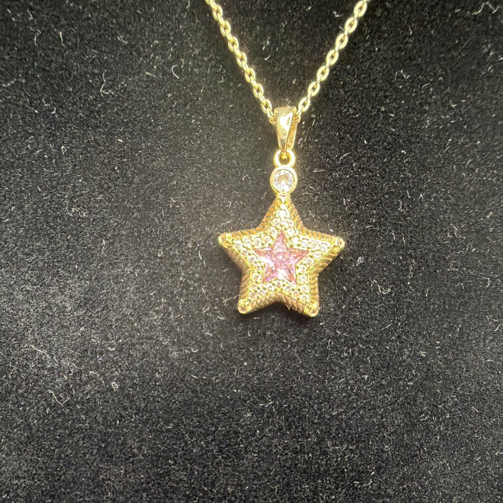 14k Gold Plated Necklace Adjustable Spring Ring Pink Star CZ Pendant