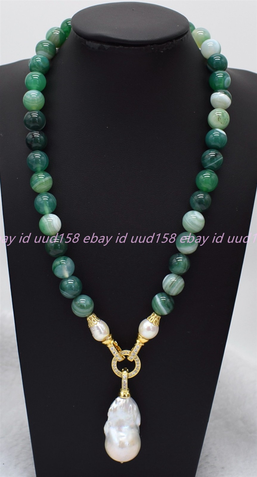 6/8/10/12mm Green Stripe Agate White Baroque Pearl Round Beads Necklace 16-28in