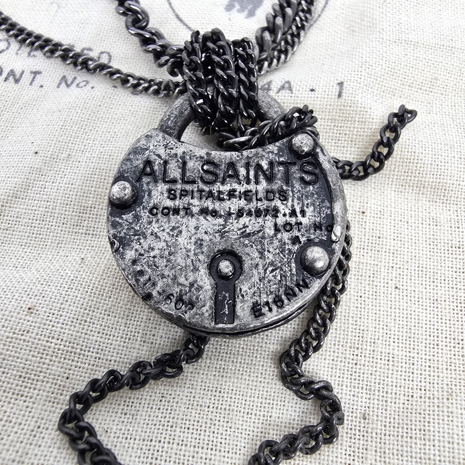 ALL SAINTS WOMENS VINTAGE DISTRESSED PADLOCK NECKLACE BLACK GREY LOCKET RARE