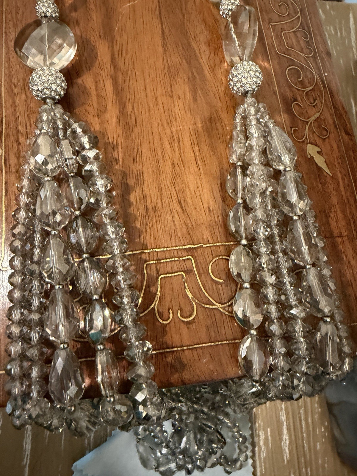 Chico’s Multi Strand Gray Glass & Crystal Necklace Silver Tone Statement Necklac