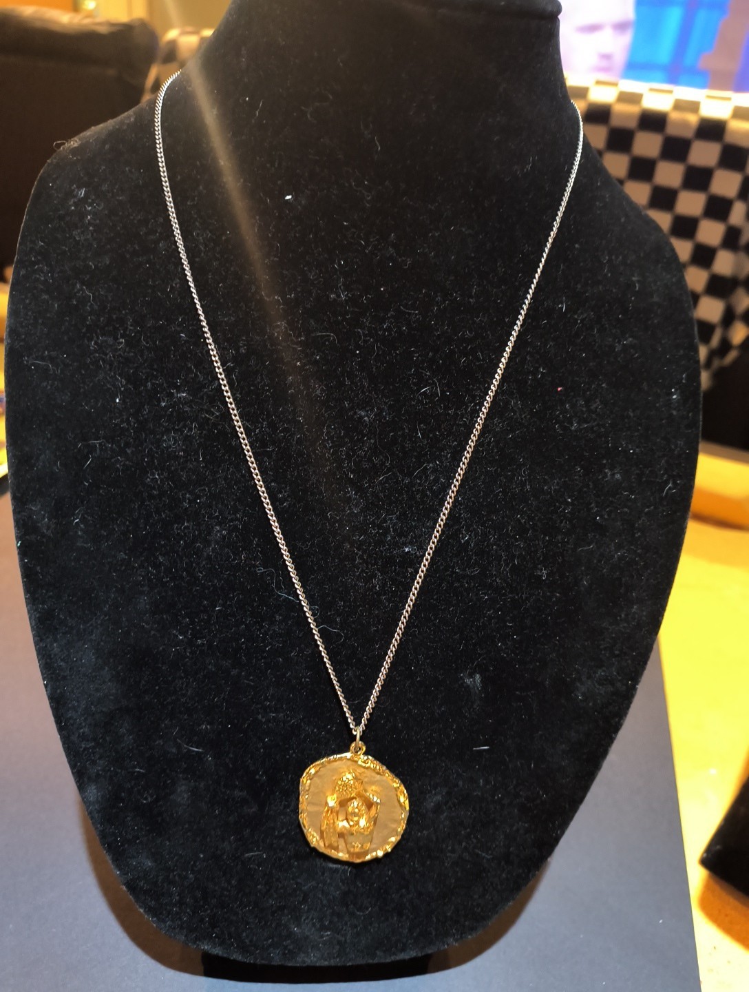 23 1/2 In Long Art Brand Necklace With Gold Tone Man With Vase Pendant