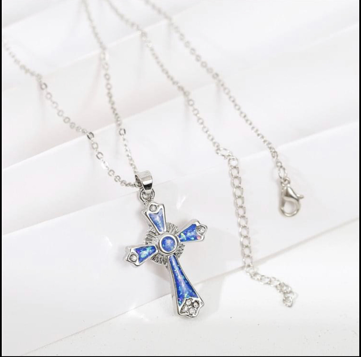 Geometric Blue Opal Color Cross Crucifix Pendant Necklace. Us Seller