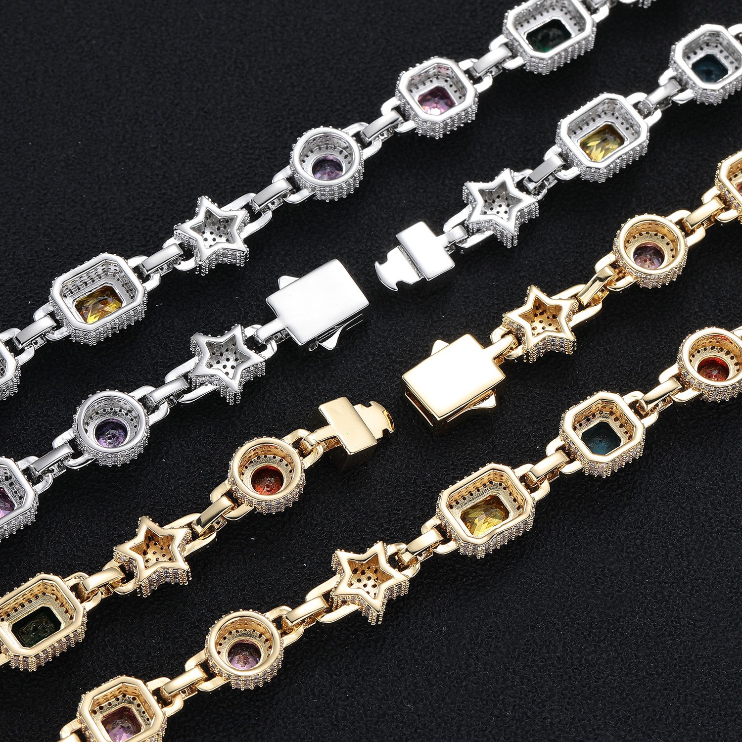 10mm Hip Hop Colored Zircon Crystal Star Chain Necklace Bracelet Choker Jewelry