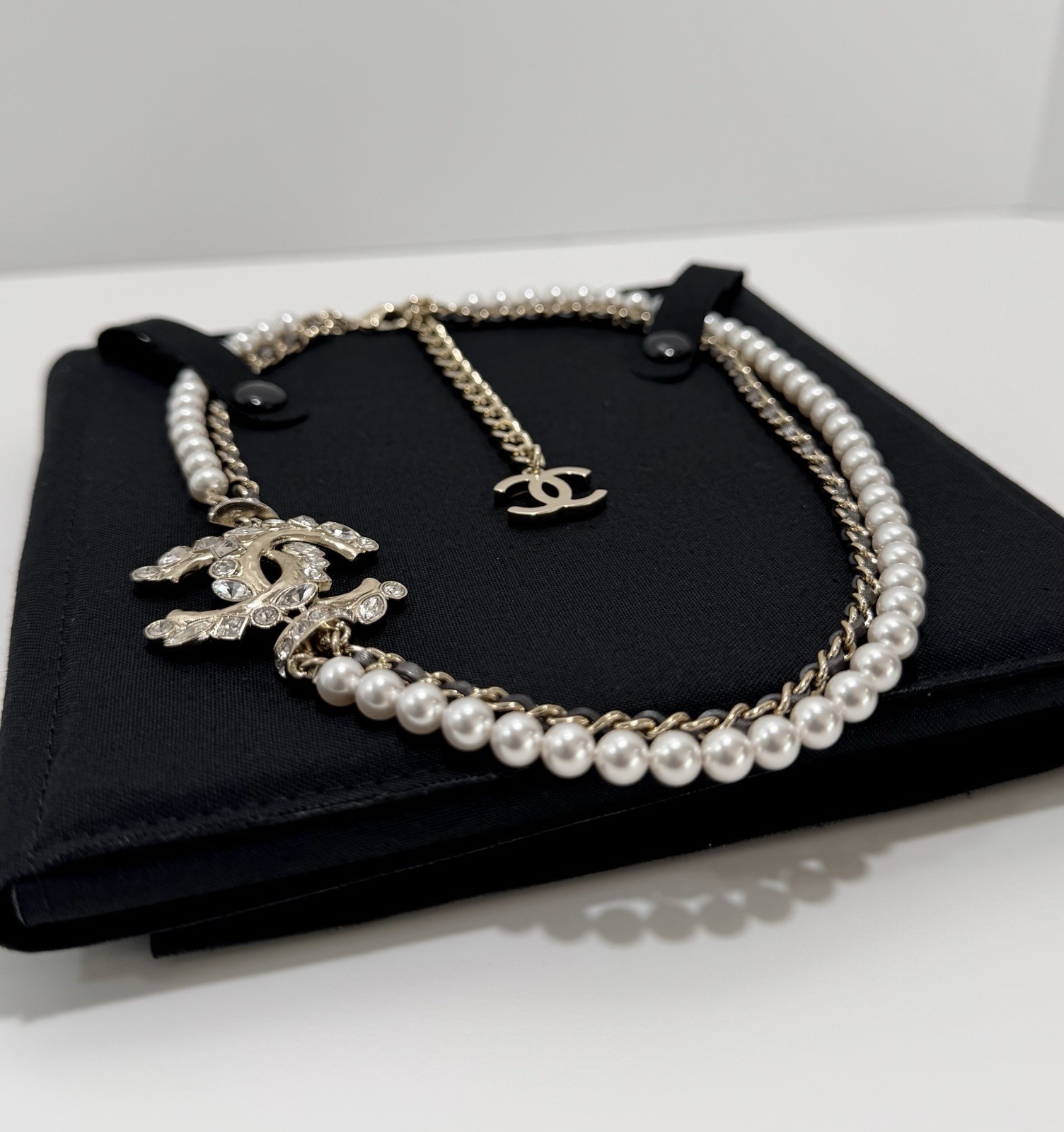 Chanel Pearl Crystal CC Necklace Bronze Leather 23P Adjustable Light Gold Chain