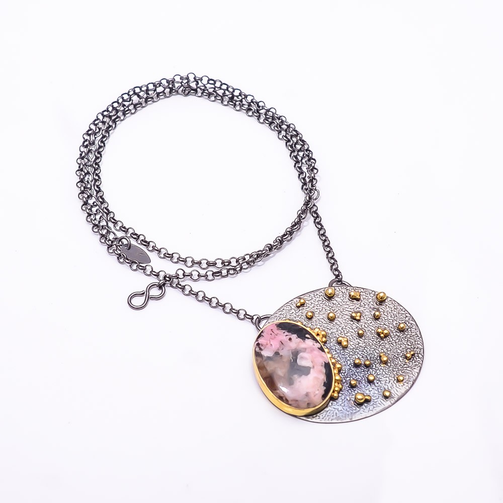 Black Manganese In Rhodonite & Gold Rhodium 925 Silver Tennis Necklace 19.99″ N7