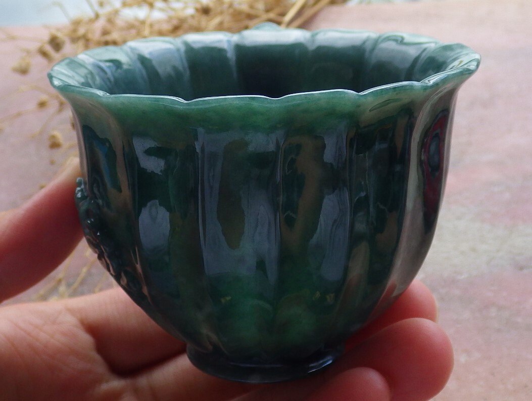 Video Certified Green A Jade jadeite Display Flower Cup Jewelly Box 670335 AS