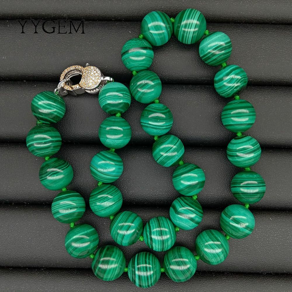 Natural AAA Grade 14mm Green Malachite Round Smooth Gemstone Necklace 46Cm