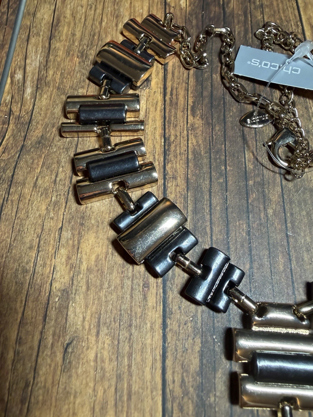 Chico’s Black Grey Gold Geometric Bold Dramatic Chunky Statement Necklace New