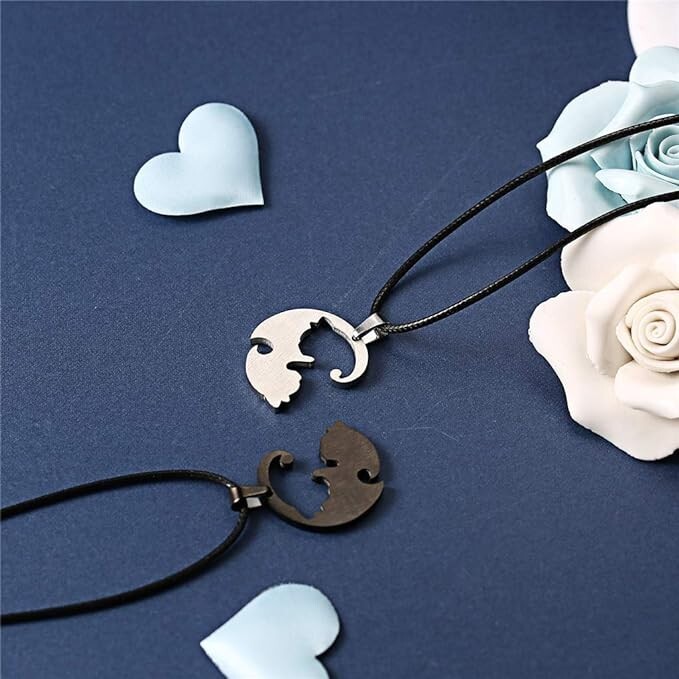 2 Piece Black & Silver Cat Matching Necklace Couple Cute Pendant Love BFF, Gift