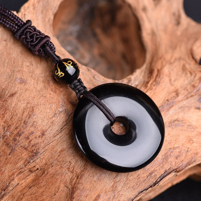 Black Obsidian Round Buckle Pendant Healing Reiki Amulet Protection Necklace