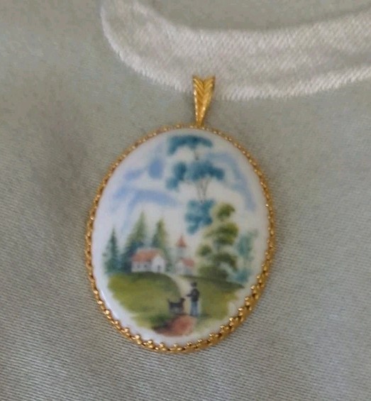 Vintage Pendant Porcelain Hand Painetd Scene w/Boy & Dog by Kaiser W Germany