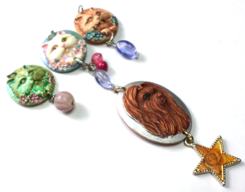 4 Different Resin Hand Painted Cats &Dog Cameos Pendants Top Hole 25mm -40x30mm