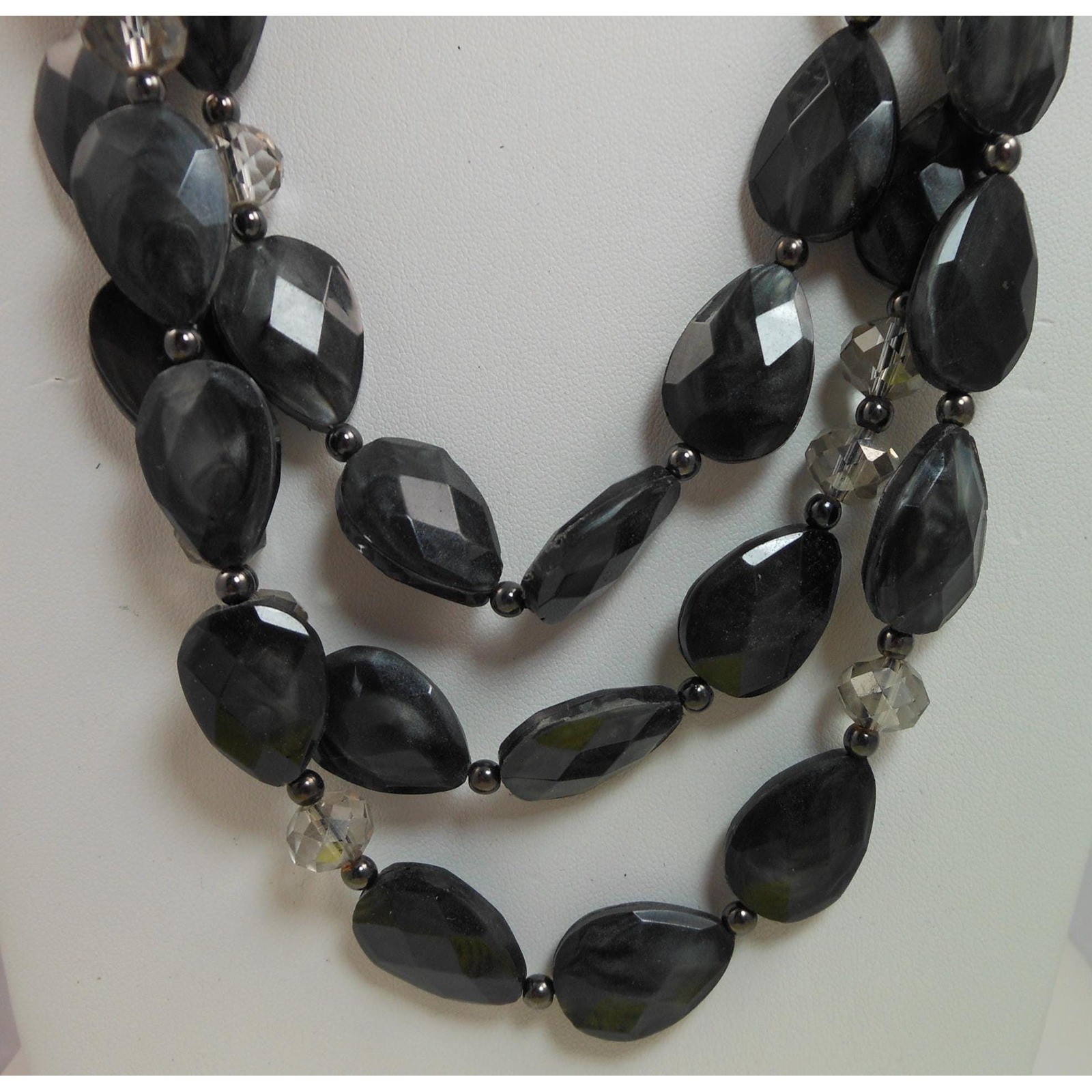 Vintage Three Strand Crystal Pendant Black Grey Necklace – Designer Signed