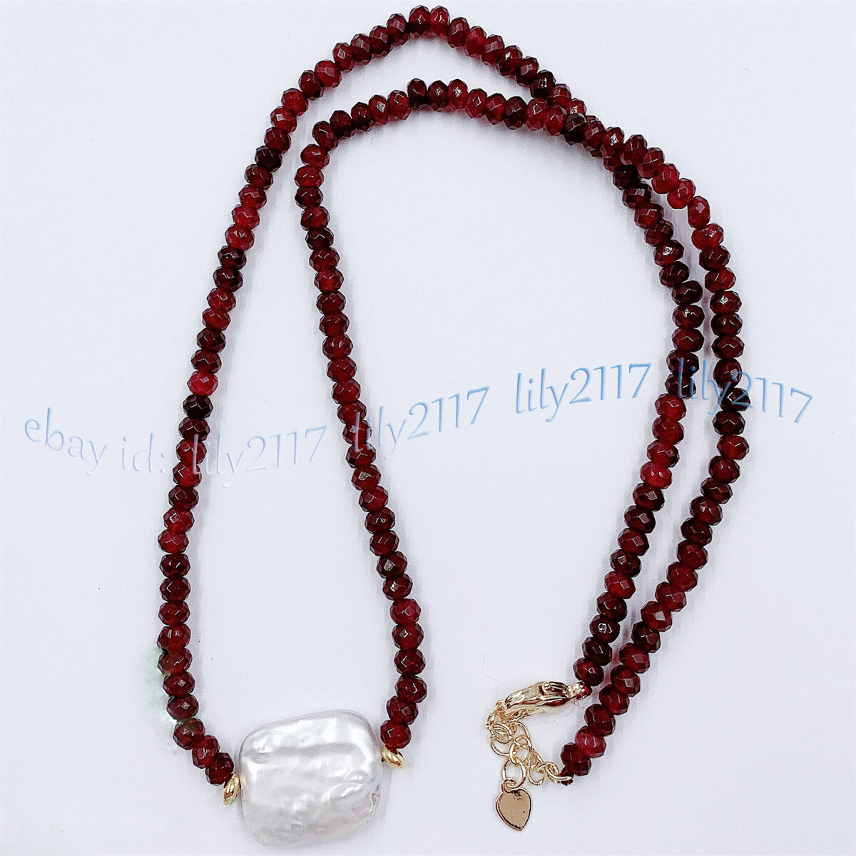 Faceted 2x4mm Red Garnet Natural 15x20mm White Baroque Pearl Pendant Necklace