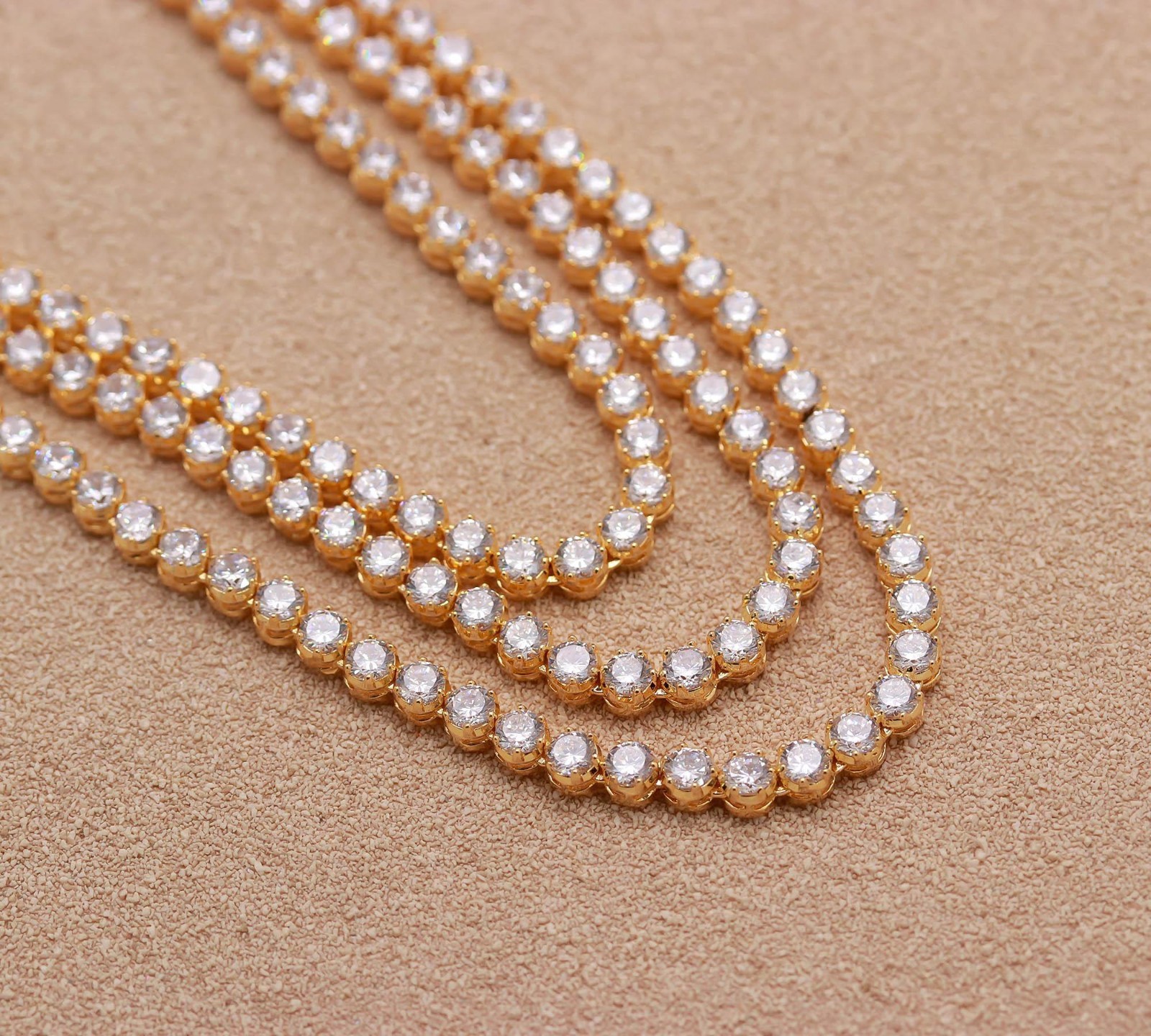 Cubic Zircon Triple Strand Necklace Earrings Set, Gold Plated Bridal Wedding