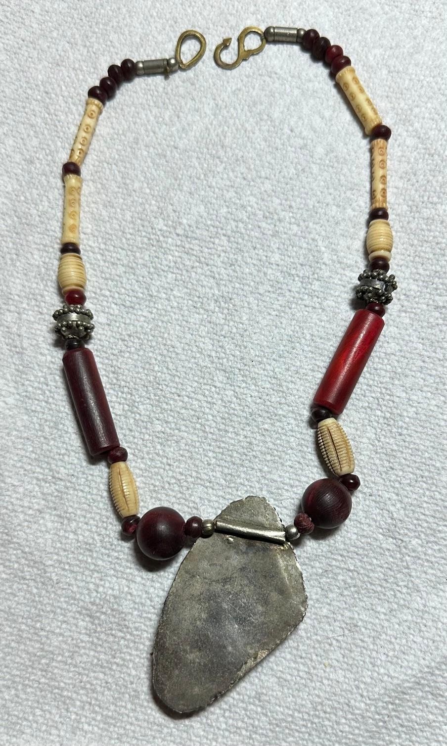 Vintage Statement Tibetan Pendant Necklace With Red Beads #E35