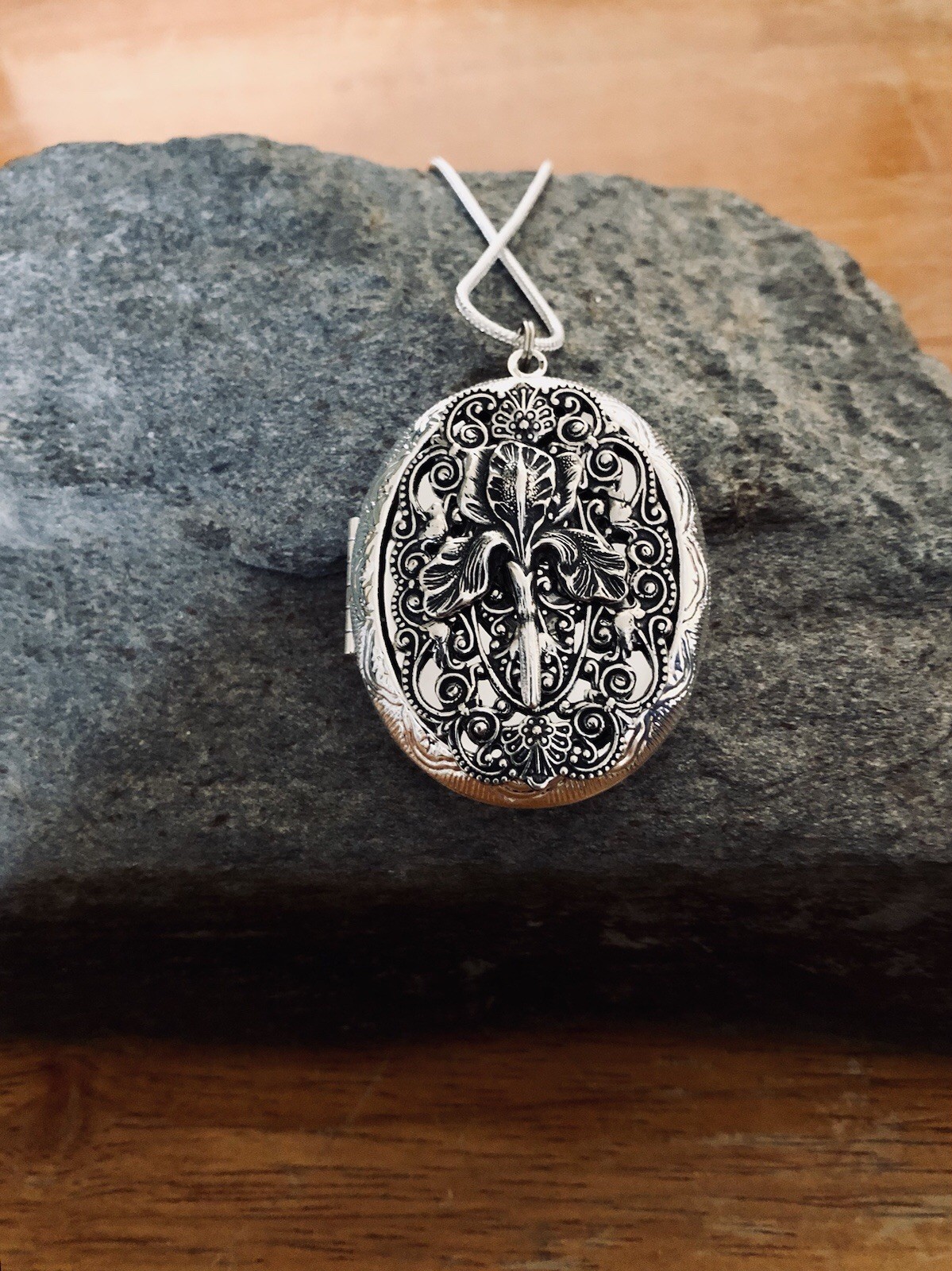 Iris Locket Necklace, Photo Memorial Keepsake Pendant, Sterling Silver Chain