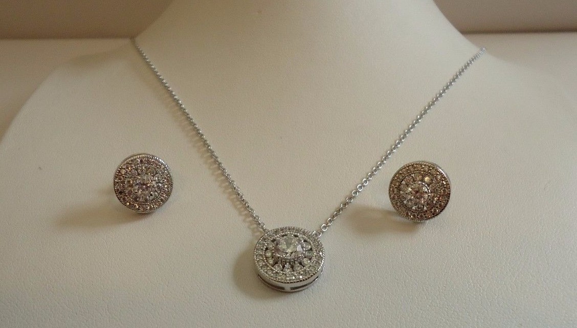 STERLING SILVER ROUND DESIGNERS NECKLACE &EARRING SET 3 CT LAB CREATED DIAMONDS