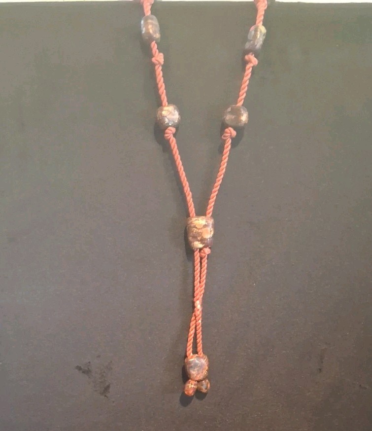 Vintage Cord Bolo Tie Lariat Necklace Wooden Beads Gold Fleck Boho Southwestern