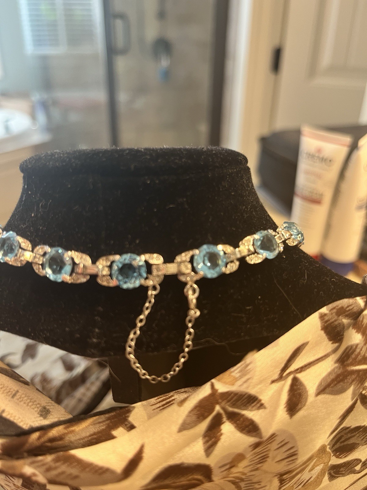 Vintage Blue Topaz & CZ Tennis Necklace Silver Tone Prong Set Box Clasp 14in.