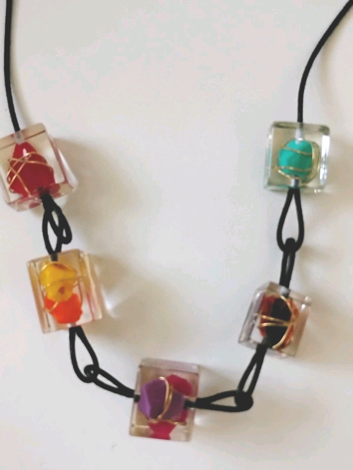 Sobral Jackie Brazil Resin Cubes Colorful Gold Wire Wrapped Inclusions Necklace