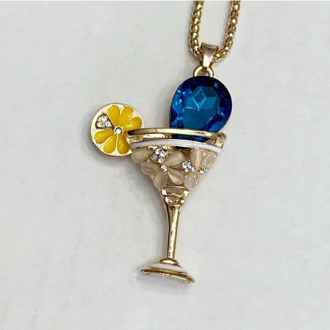 Betsey Johnson Crystal Blue Garnish Margarita 3D Pendant Necklace Free Gift Bag
