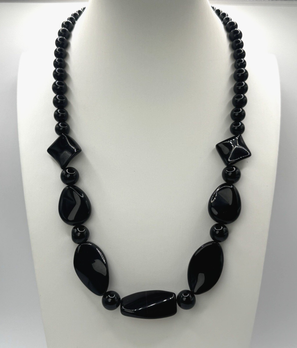 Obsidian and Black Agate 20 in Platinum Plated Clasp Boho Bead Necklace 4-18MM