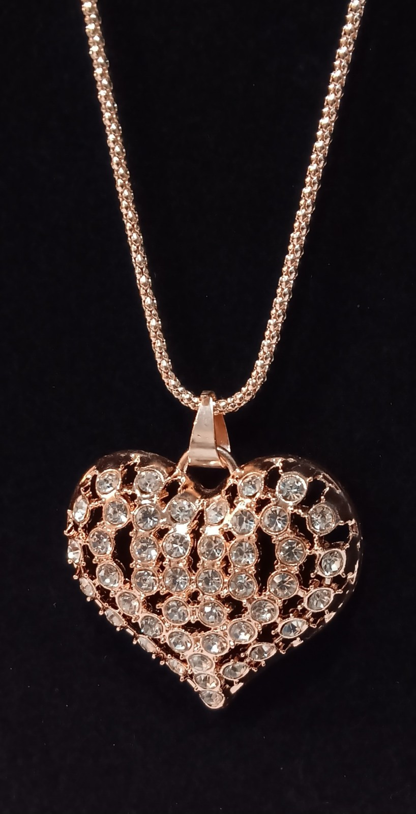 Rose Golden Hollow Heart Pendant Necklace W/Sparkling Rhinestones. Free Shipping