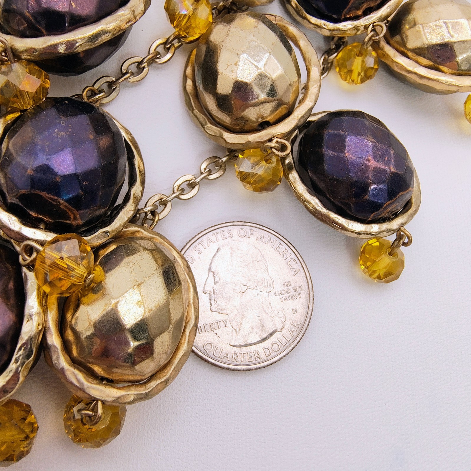 Hammered Bead Bib Statement Necklace Gold Tone Plum Purple Chunky Maximalist