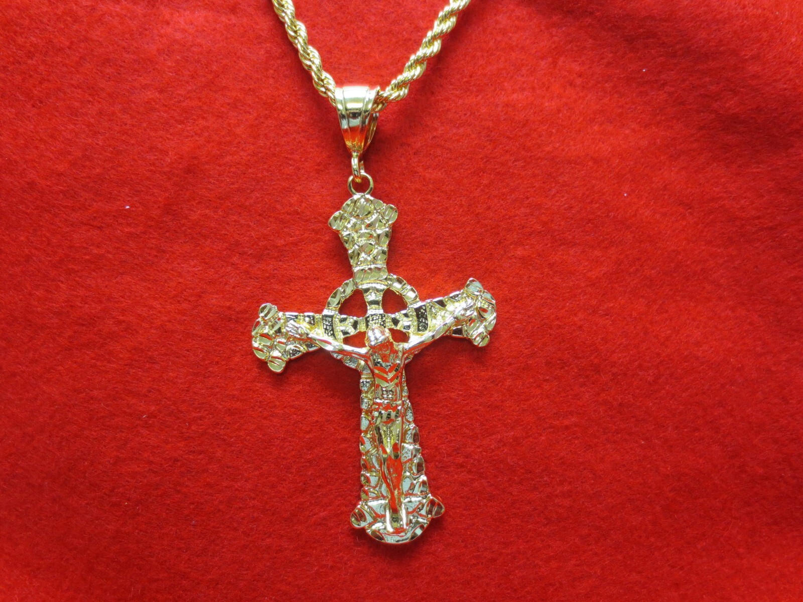 14KT GOLD EP HUGE CRUCIFIX CROSS 4+ INCHES CHARM W/24″ 5MM ROPE CHAIN-9252