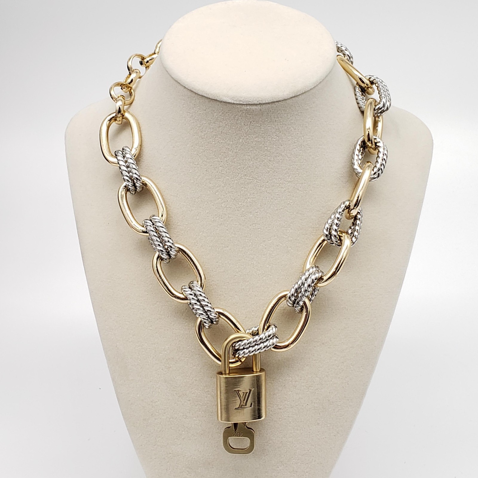 Authentic Louis Vuitton Gold Padlock w/ Unbranded Fashion Geometry Necklace