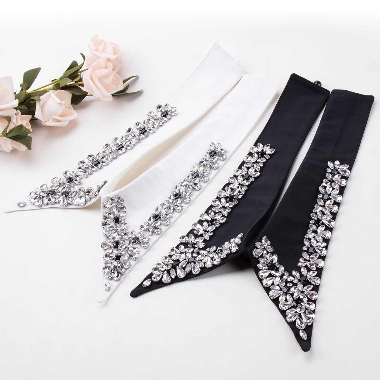 2Pcs Rhinestone Detachable Collar Set Elegant Hand Sewn Crystal Fake Collar H…