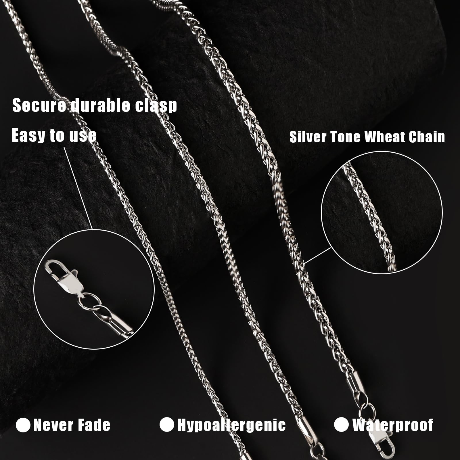 Silver Tone Stainless Steel Wheat Chain Necklace for Men and Women, Simple Je…